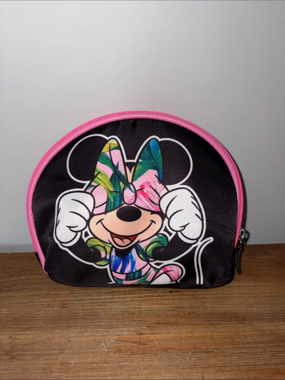 Minnie Mouse Floral Print Cosmetic Pouch - Black & Pink